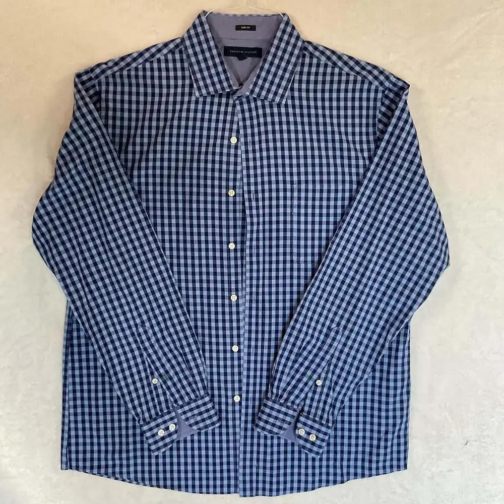 Tommy Hilfiger Men's Blue Gingham Slim Fit Long Sleeve Dress Shirt 16-16.5 34-35